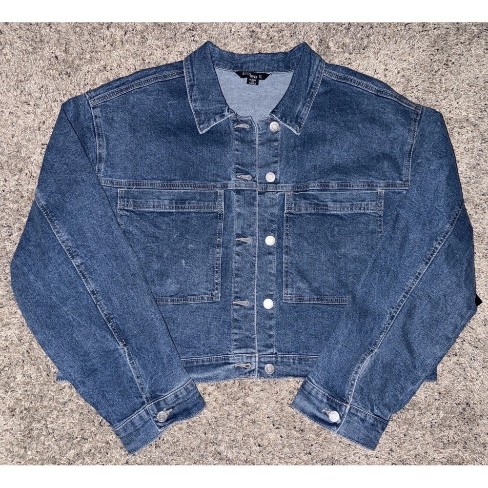Stitch Star Denim Jacket Womens XL Medium Wash Button Up Long Sleeve New